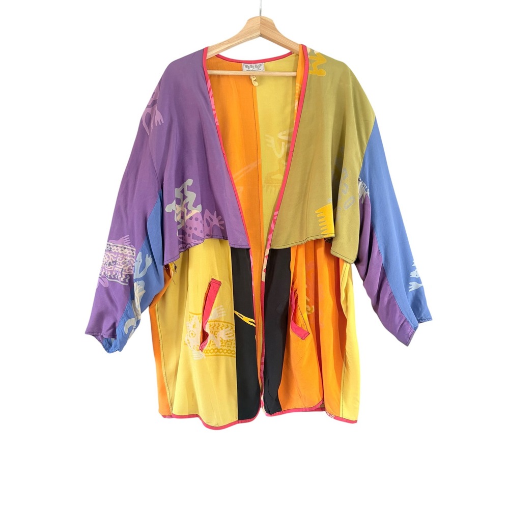 Vintage We Be Bop Artsy Colorful Lagenlook Open Front Kimono Jacket Colorblock
